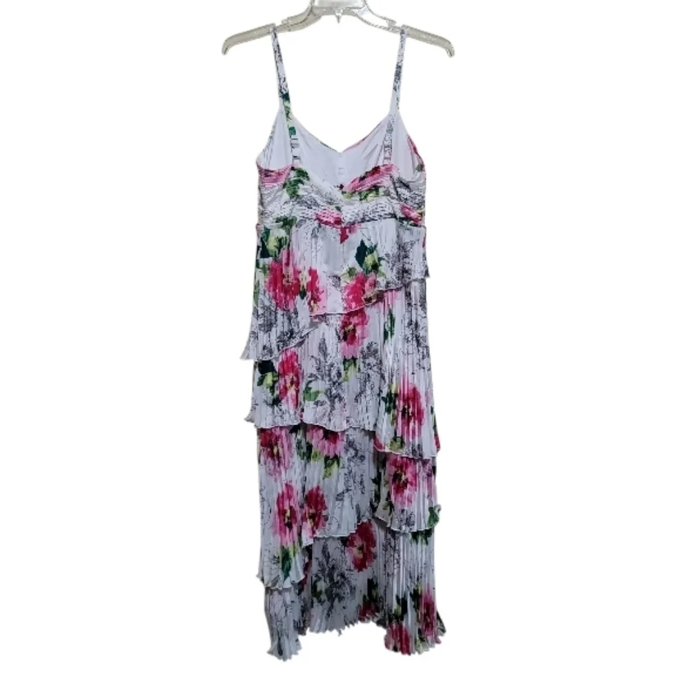Abercrombie & Fitch Giselle Pleated Tiered Maxi Dress Satin White Floral Sz LP